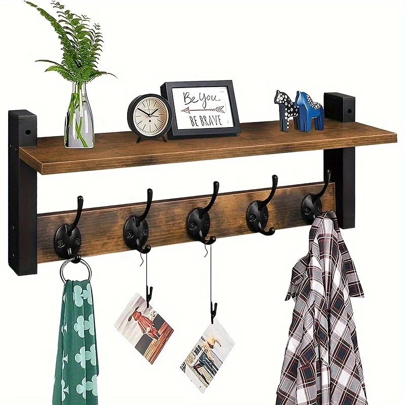 Wall-Mounted Vintage Coat Rack Shelf With Hooks