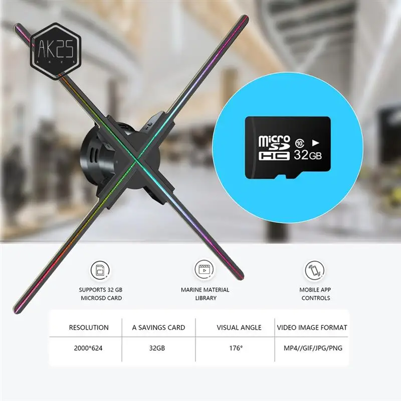 AK25-3D LED Holographic Projector Advertising Fan Wifi 720 LED APP Holographic Hologram Commercial Light Wall Mounted